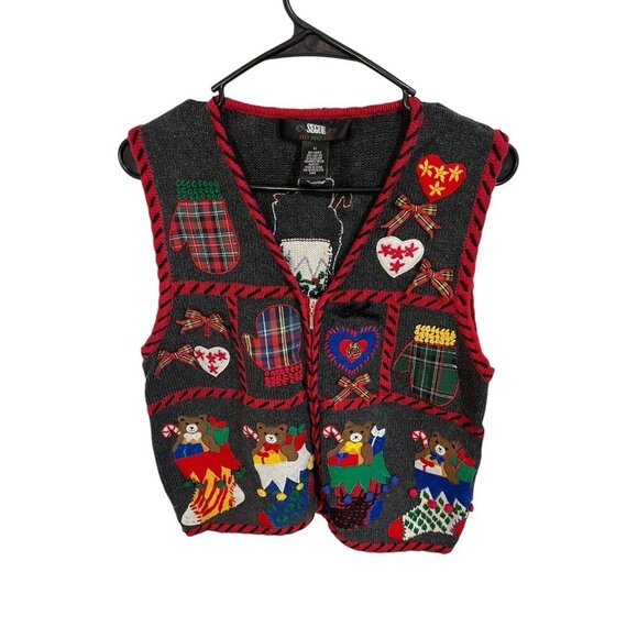 Vintage SEGUE Women's M Holiday Sweater Vest Christmas Theme Mittens Stockings - Picture 2 of 5